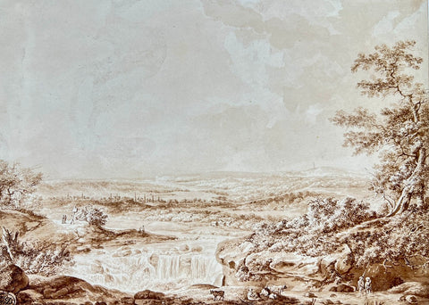 a very fine 18th century landscape waterfall drawing