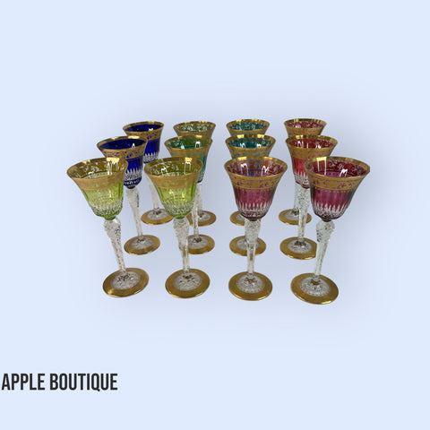 12 Colored Crystal and Gold Saint-Louis Glasses