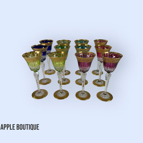 12 Colored Crystal and Gold Saint-Louis Glasses