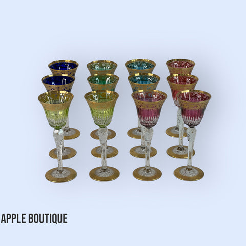 12 Colored Crystal and Gold Saint-Louis Glasses