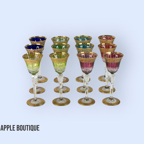 12 Colored Crystal and Gold Saint-Louis Glasses