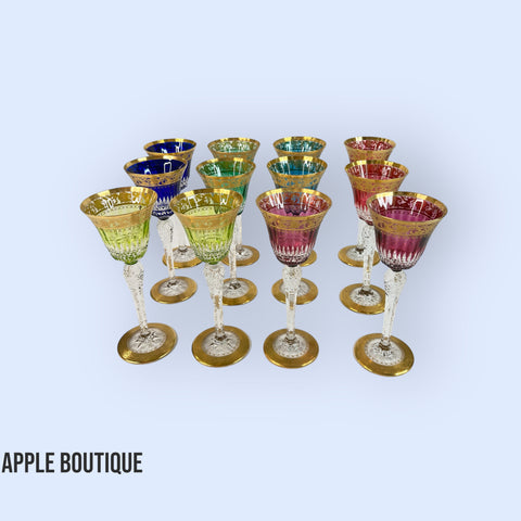 12 Colored Crystal and Gold Saint-Louis Glasses