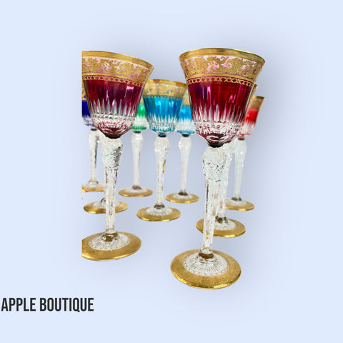 12 Colored Crystal and Gold Saint-Louis Glasses