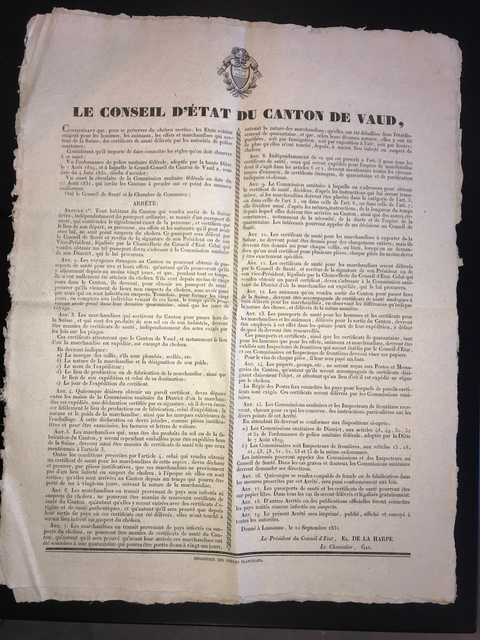 Proclamation du Conseil Proclamation du Conseil d'Etat du Canton de Vaud - Mesures contre le Cholera