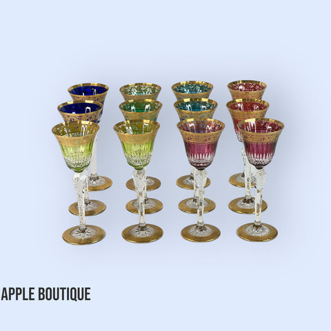 12 Colored Crystal and Gold Saint-Louis Glasses