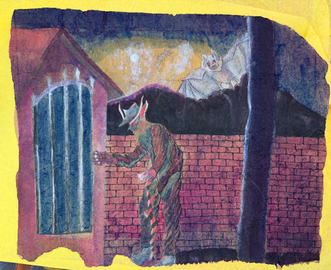 A folk art style illustration featuring a horned figure in a green and red striped outfit standing in front of a brick wall, with a dark house, barred window, and a white bat in the background. The artwork is presented on a bright yellow border.