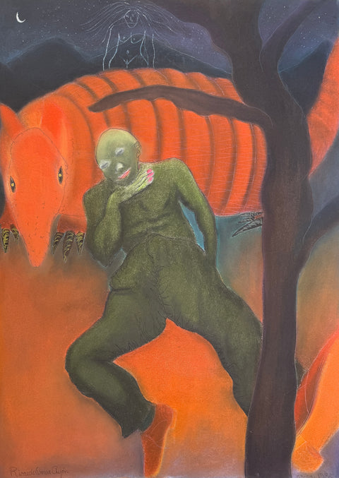 A surreal painted scene showing a green humanoid figure in a dark forest at night, with a large orange animal-like form behind it and a dark tree trunk in the foreground.