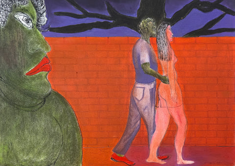 A surreal painted scene with a large green face on the left, a couple walking in the center-right, and a red-orange brick wall behind them under a dark purple sky with black tree branches.
