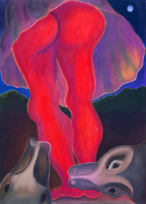 An abstract surreal painting featuring a large red and pink human-like form in the center, with two dog heads at the bottom and purple mountain-like shapes behind it under a dark blue night sky.