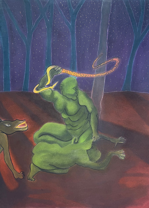 A surreal pastel drawing scene showing a green humanoid figure kneeling in a dark forest at night while holding a long glowing orange snake. A dark animal with an open mouth appears at the lower left.