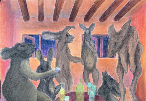 A colored pencil and charcoal drawing of anthropomorphic rabbits gathered around a table with drinks in a room with wooden ceiling beams.
