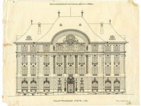 Large Drawing of the main facade of the SNB in Bern.