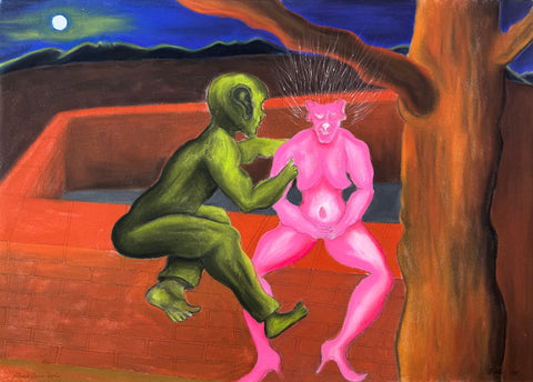 A surreal painting depicting two human-like figures in a stylized outdoor scene at night. One figure is green and crouching, touching the chest of another figure that is glowing pink and seated.