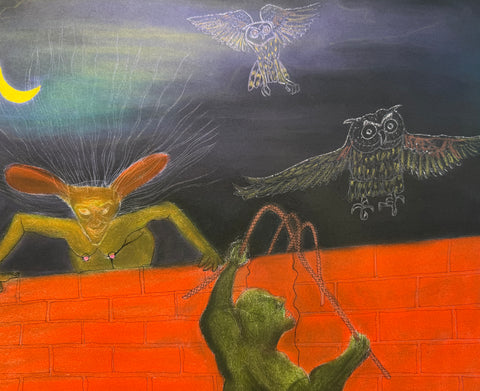 A surreal fantasy artwork showing a green figure below a red brick wall holding ropes, with a yellow creature above on the left, two owls flying in a dark sky, and a yellow crescent moon in the upper left.