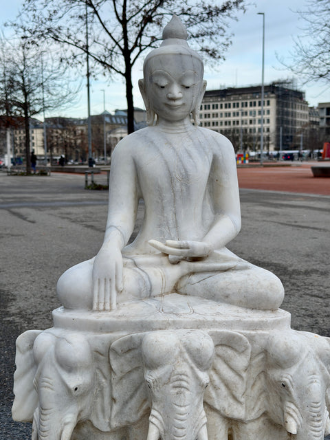 Marble Buddha Sculpture on Elephants Throne