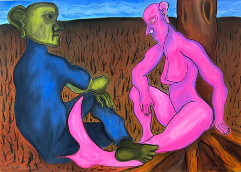 A colorful painting showing two seated human figures facing each other, one rendered in blue with green facial features and the other in bright pink, set against a brown textured ground and blue sky background.