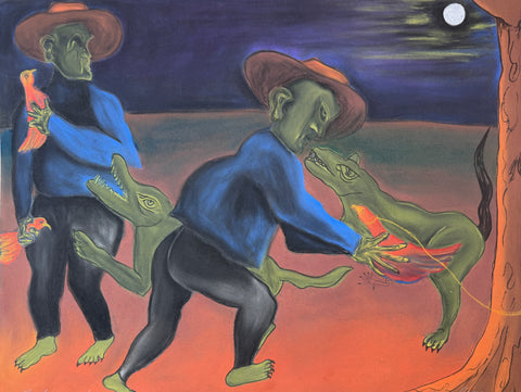 A surreal pastel drawing scene showing two green humanoid figures wearing brown hats and blue tops, interacting with multiple green reptile-like creatures under a dark blue sky with a white moon. 