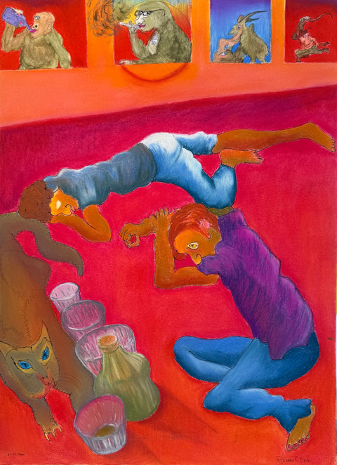 A colorful figurative painting depicting two people in a red and orange interior, with one person lying on the floor, another kneeling above them, and a cat at the lower left. Several animal portraits appear along the top wall.