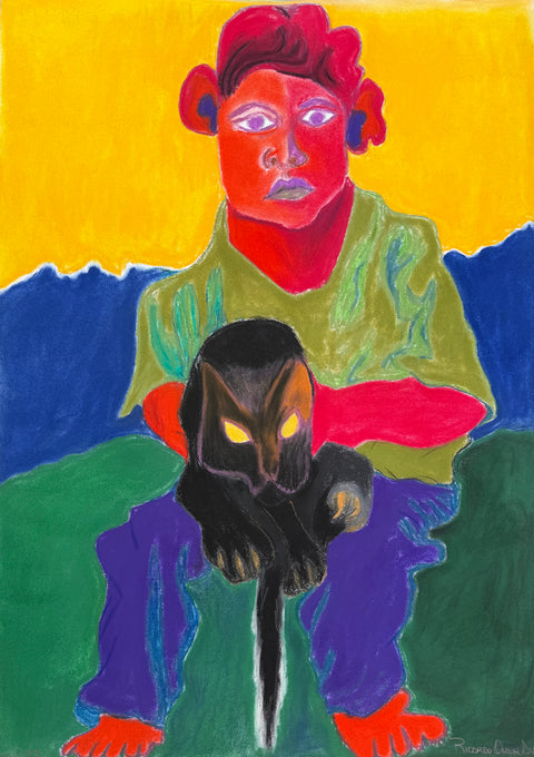 A colorful figurative painting of a seated person with a black cat in front, rendered in bold blocks of yellow, red, green, blue, purple, and black.