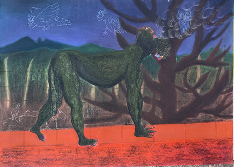 A surreal figurative painting depicting a smoking green ape-like creature walking across a vivid orange-red ground, with dark tree branches overhead and a deep blue sky in the background.