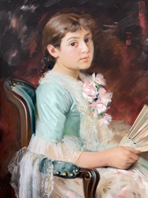 A classical pastel portrait of a young girl seated in a dark armchair, wearing a pale blue dress with white lace trim and holding a bouquet of pink flowers and a fan against a dark reddish-brown background.
