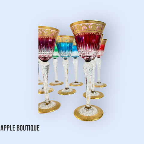 12 Colored Crystal and Gold Saint-Louis Glasses