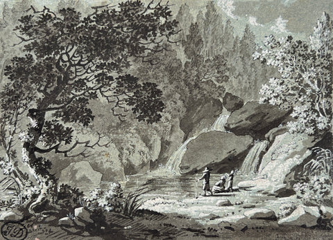 Animated landscape waterfall old master drawing