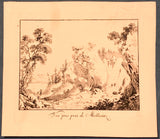 Jean Antoine Link - Vue pris prés de Meilleriaz  Waterfall with trees, figures and mountains in the background Etching