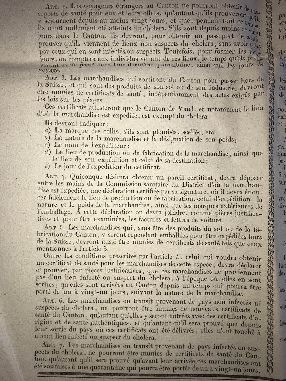 Proclamation du Conseil d'Etat du Canton de Vaud - Mesures pour se préserver du Choléra Morbus