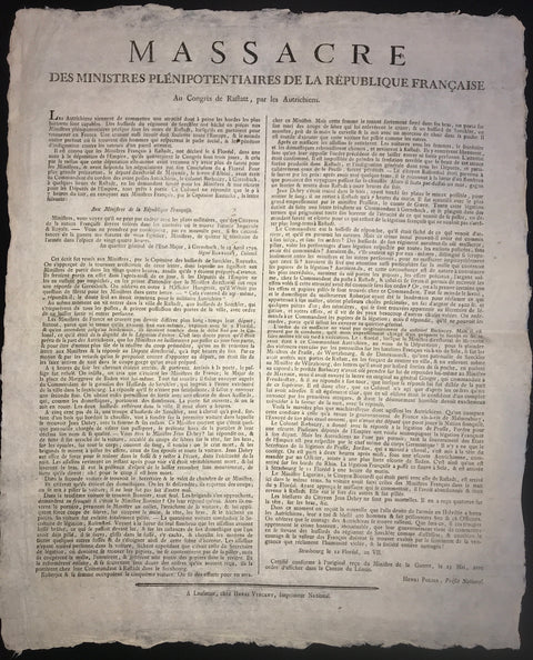 Proclamation sur l'assassinat des plénipotentiaires français au congrès de Rastadt, 6 mai 1799