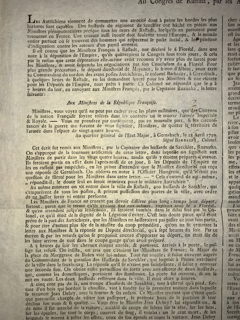 Proclamation sur l'assassinat des plénipotentiaires français au congrès de Rastadt, 6 mai 1799