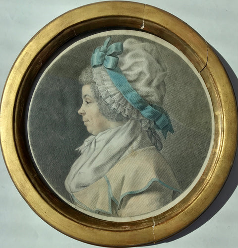 Lady portrait wearing a lace cap and blue ribbon 18th century drawing Trois Crayons